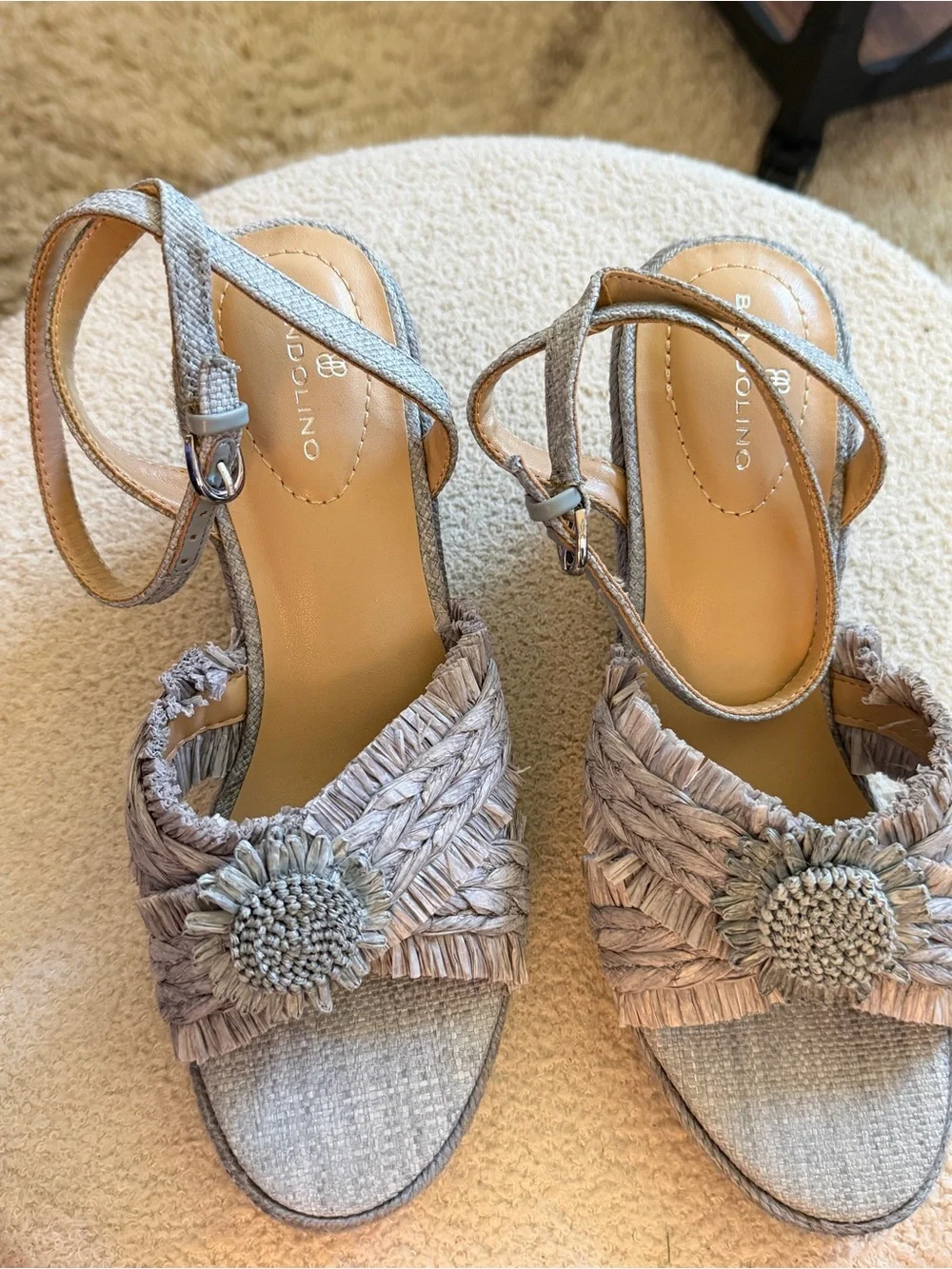 Bandolino Neutral Raffia Flower Strap Sandals